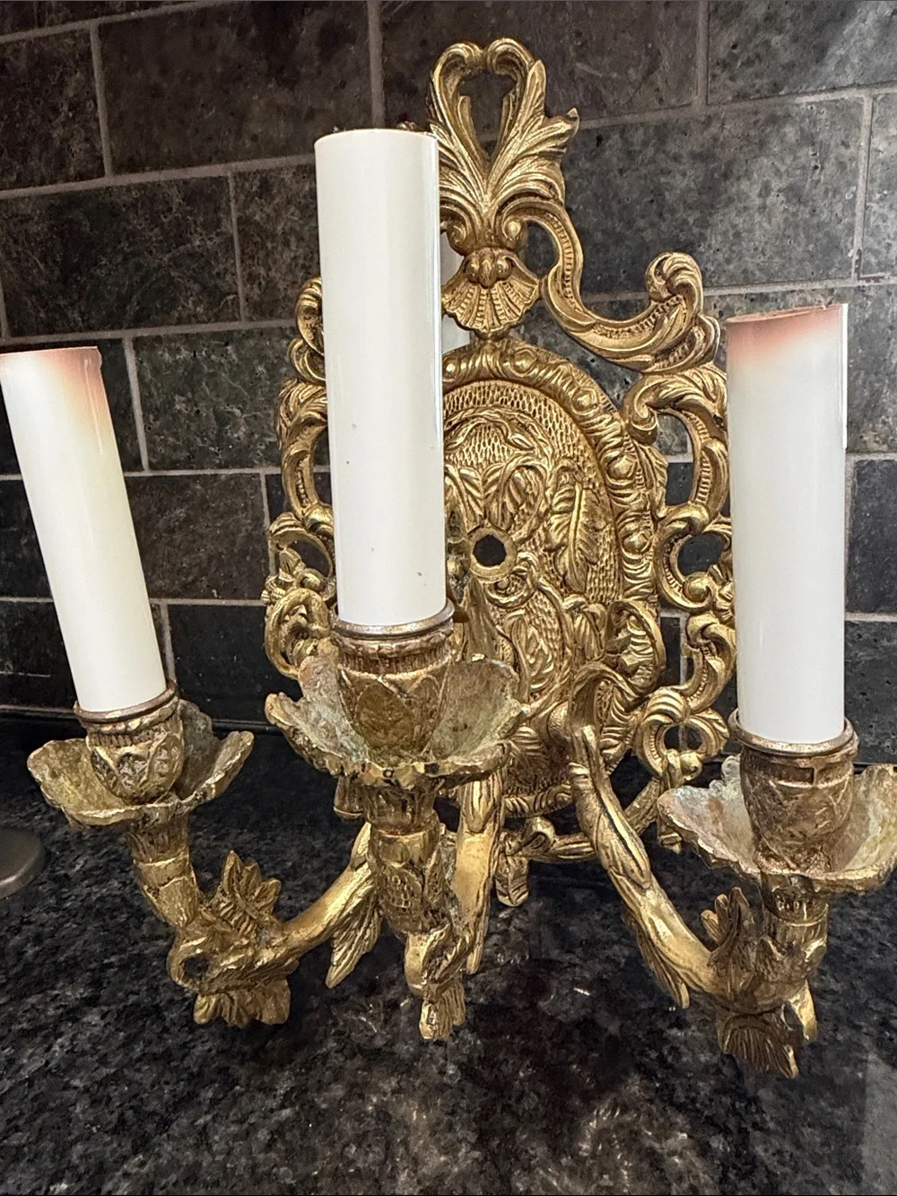 Ornate Gold Wall Sconce - Elegant Three-Arm Candle Holder(2)
